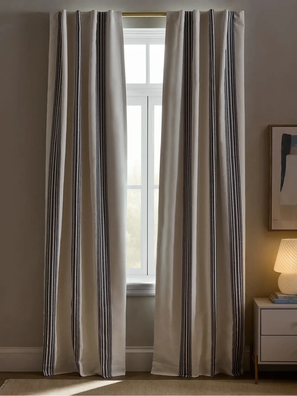 NWT QUINCE Set 2 48x96 Coastal Stripe Linen Cotton True Blackout Curtains 9232